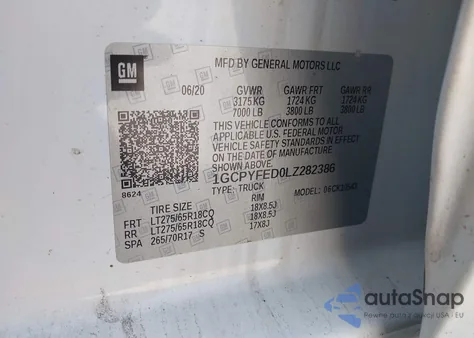 2020 Chevrolet Silverado 1500 4Wd Short Bed Lt Trail Boss z USA, uszkodzony, nr VIN 1GCPYFED0LZ282386